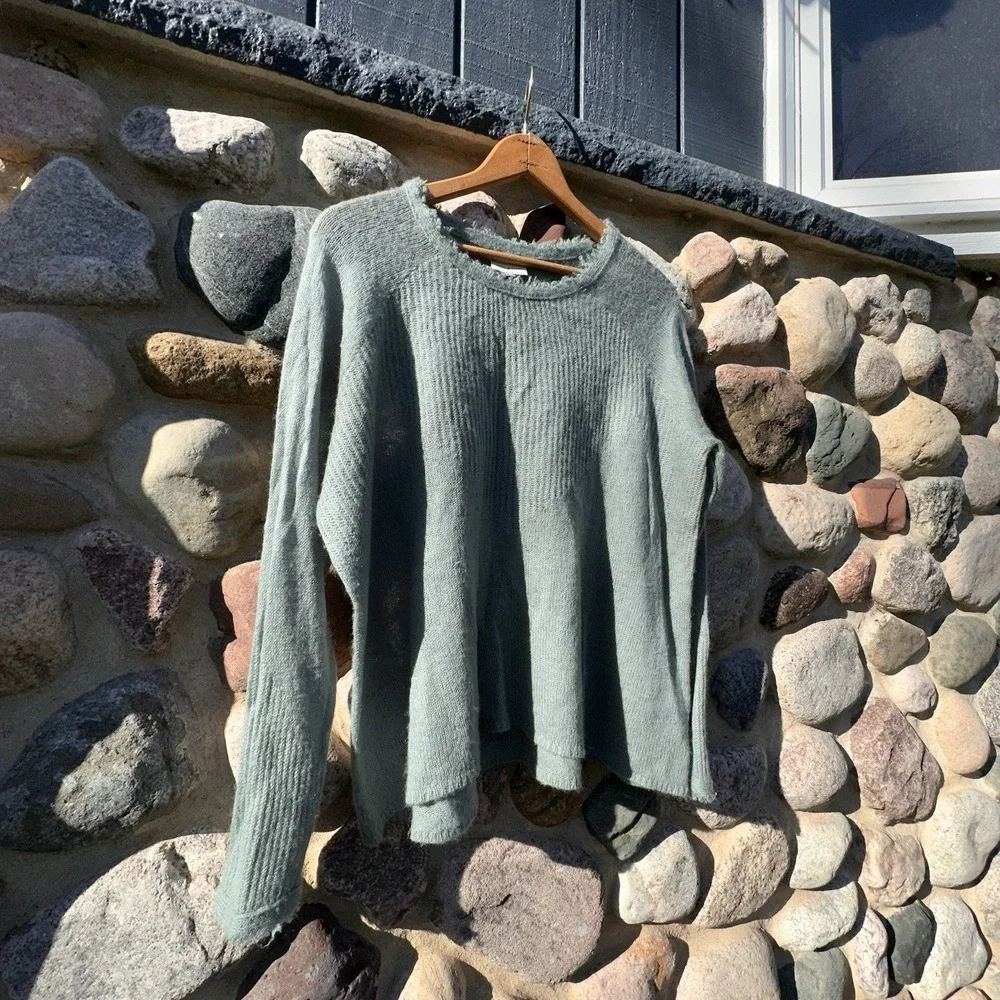 Lucky Brand Loose Knit Pullover Sweater Size XL Mint Green Raw‎ Edges Boho Chic